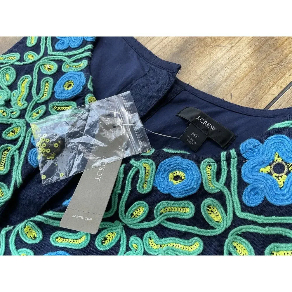 J.CREW Shift Dress Navy Blue Green Embroidered Linen Sleeveless Floral Button MT